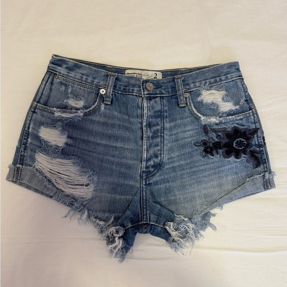 Abercrombie & Fitch Blue Distressed Jean Shorts with Floral Detail